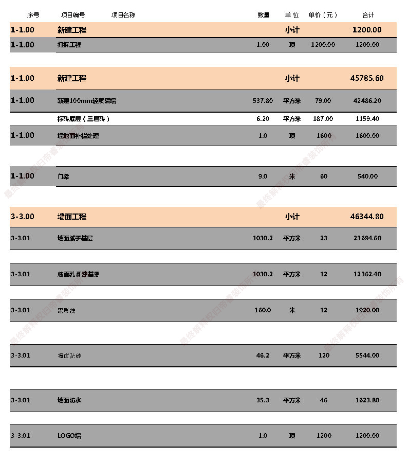 汗蒸馆装修预算表第三页
