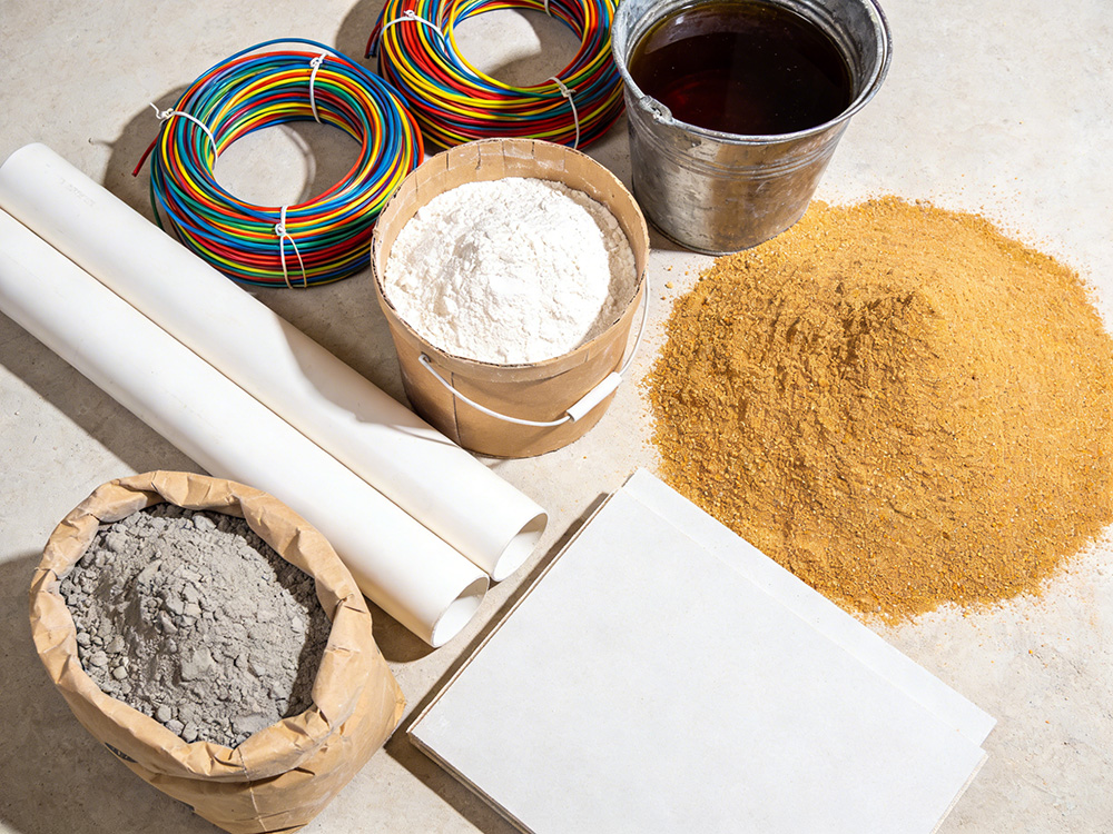 水泥、沙子、石膏板、腻子粉、水管、电线、防水涂料